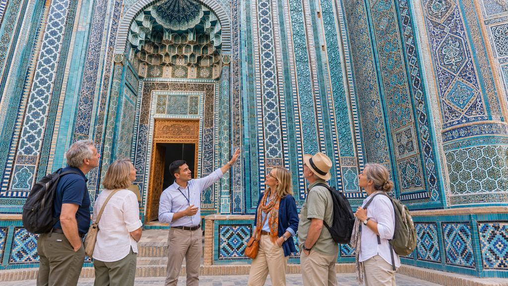 Local guide explaining Samarkand’s tiled architecture to a small group of adult travellers