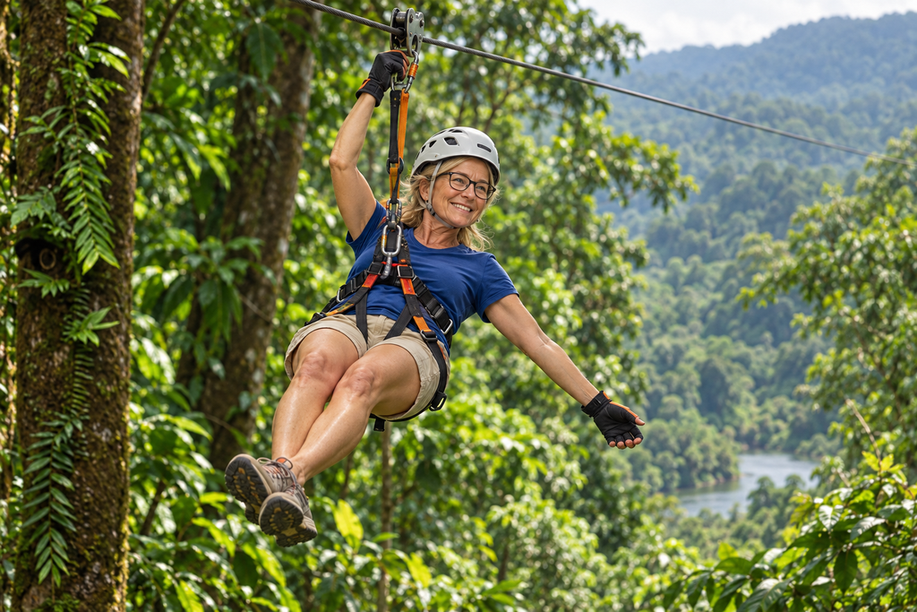 Woman in her sixties riding a zip wire through the Costa Rican rainforest