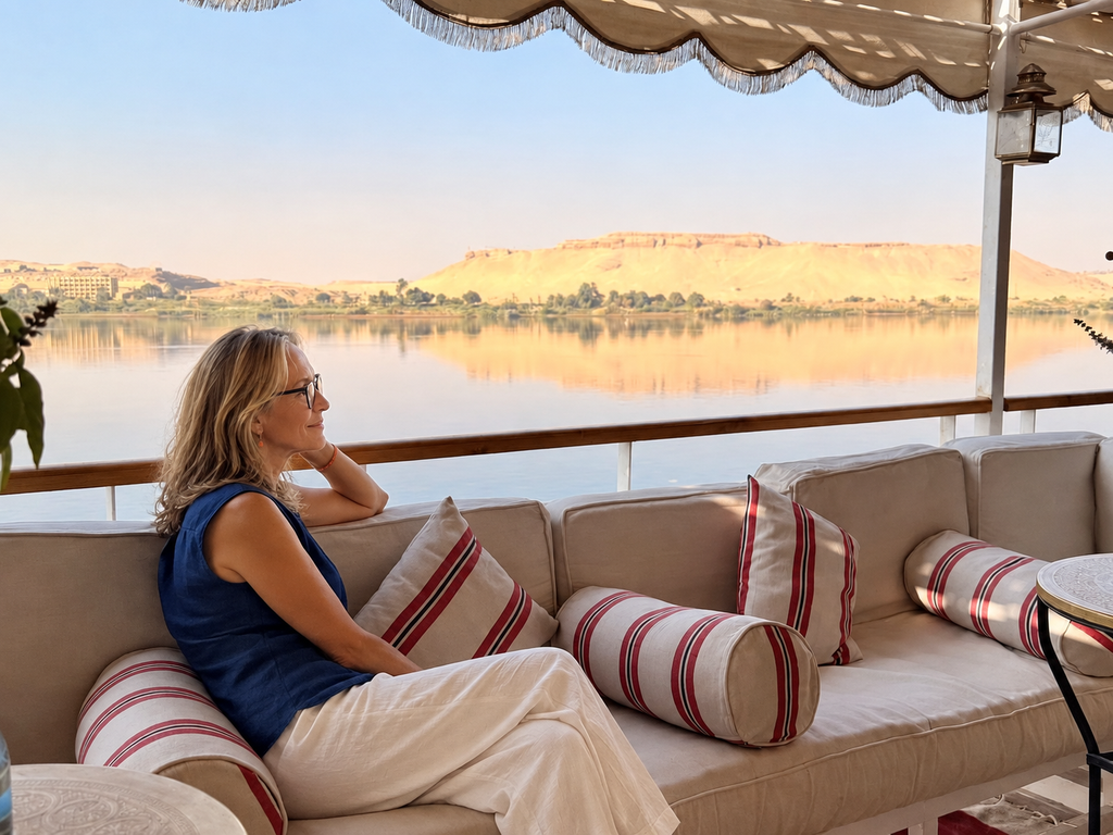 Mature woman relaxing on a small Nile cruise boat overlooking the river