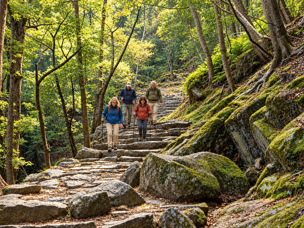Small group of mature travellers walking down an ancient forest trail in Japan
